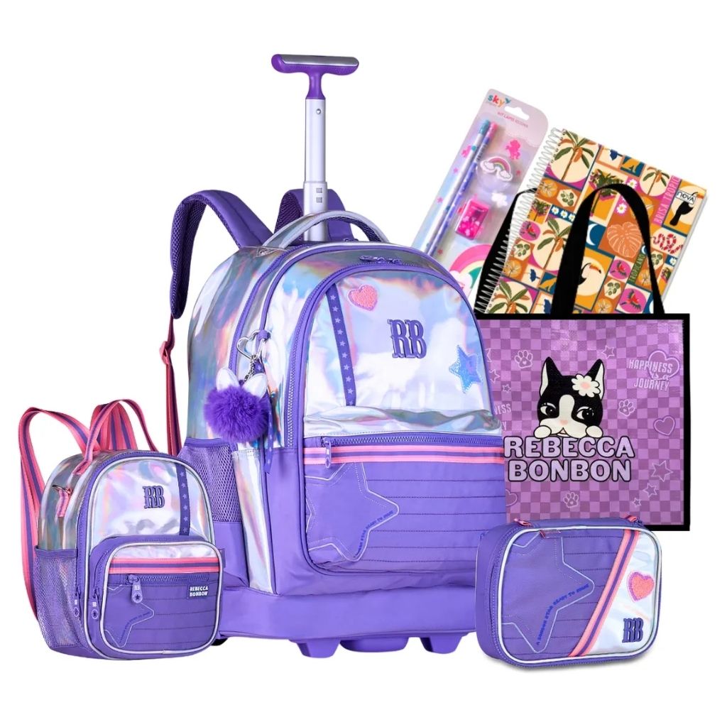 Kit Escolar Rb Rebecca Bonbon 2026 com Mochila de Rodinhas + Lancheira Térmica + Estojo Infantil