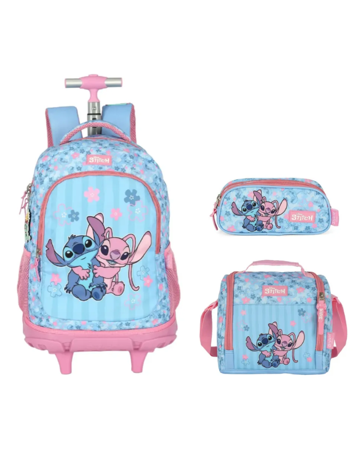 Kit Escolar Lilo & Stitch com Mochila de Rodinhas + Lancheira + Estojo Infantil