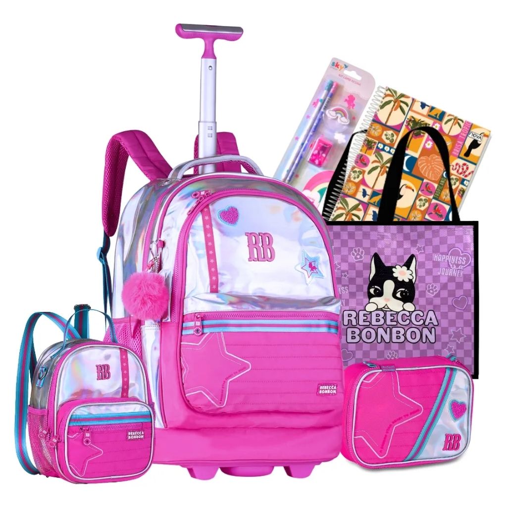 Kit Escolar Rb Rebecca Bonbon 2026 com Mochila de Rodinhas + Lancheira Térmica + Estojo Infantil