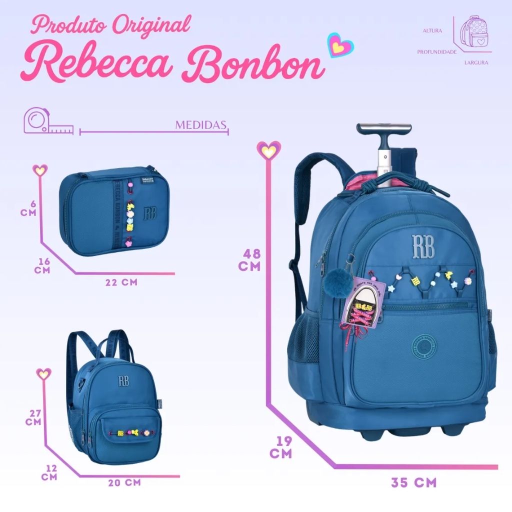 Kit Escolar Rb Rebecca Bonbon 2026 com Mochila de Rodinhas + Lancheira Térmica + Estojo Infantil