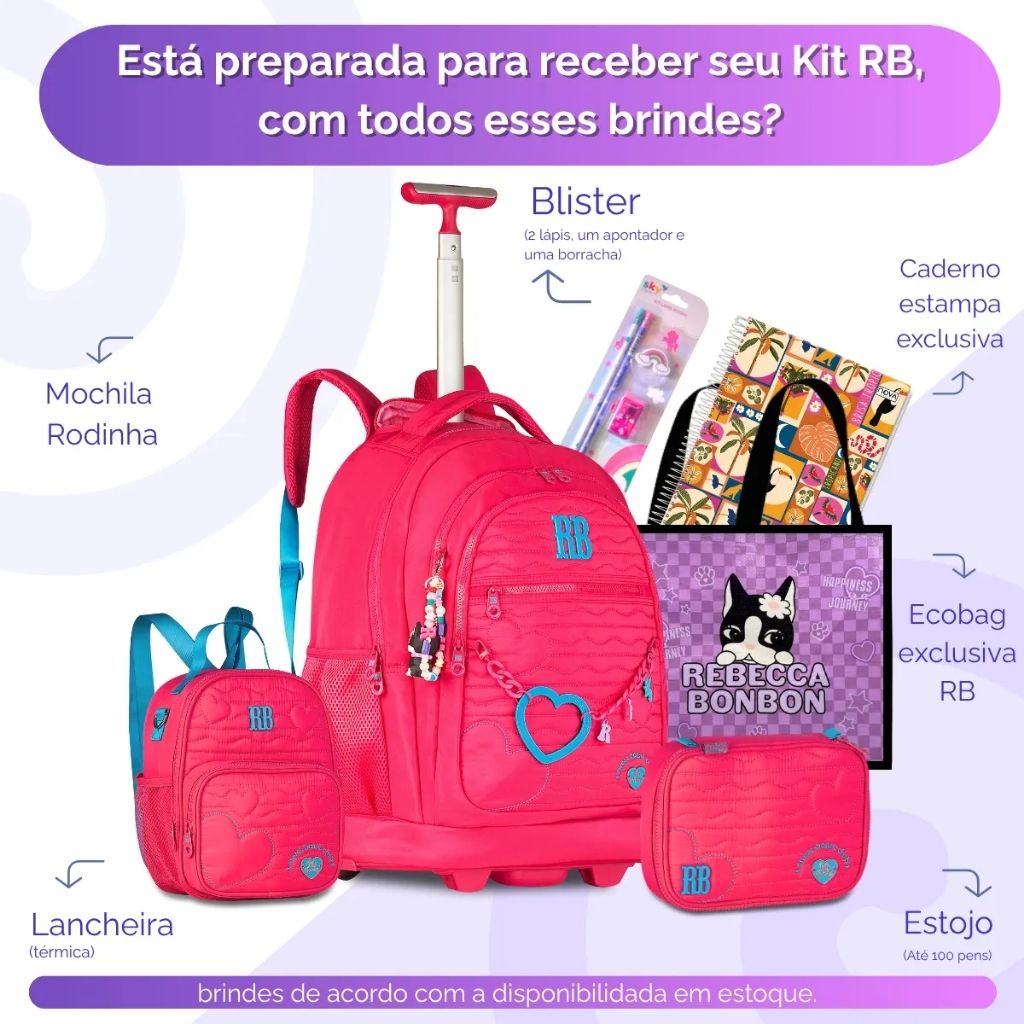 Kit Escolar Rb Rebecca Bonbon 2026 com Mochila de Rodinhas + Lancheira Térmica + Estojo Infantil