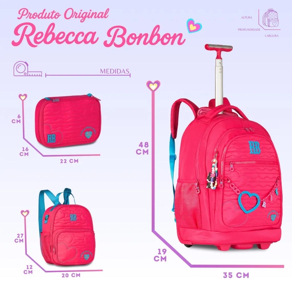 Kit Escolar Rb Rebecca Bonbon 2026 com Mochila de Rodinhas + Lancheira Térmica + Estojo Infantil