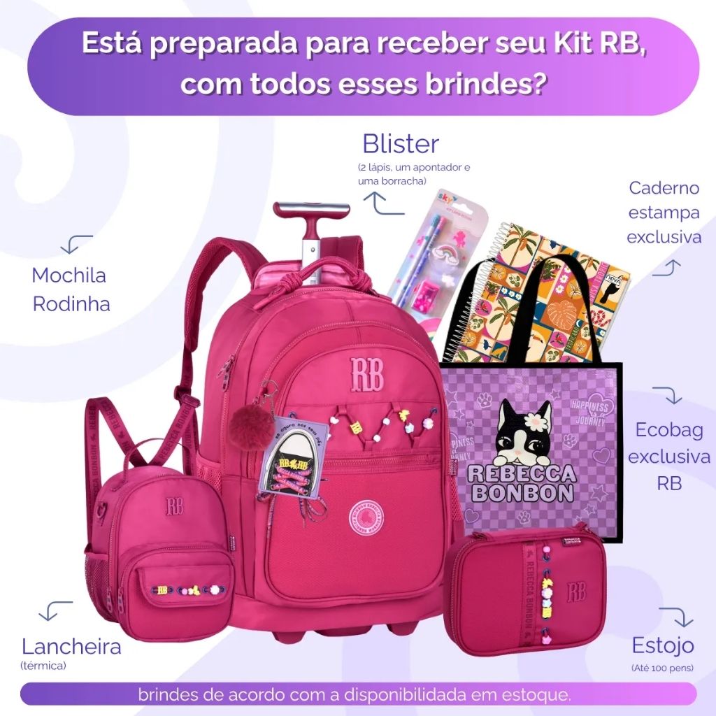 Kit Escolar Rb Rebecca Bonbon 2026 com Mochila de Rodinhas + Lancheira Térmica + Estojo Infantil