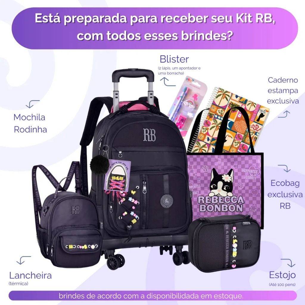 Kit Escolar Rb Rebecca Bonbon 2026 com Mochila de Rodinhas + Lancheira Térmica + Estojo Infantil