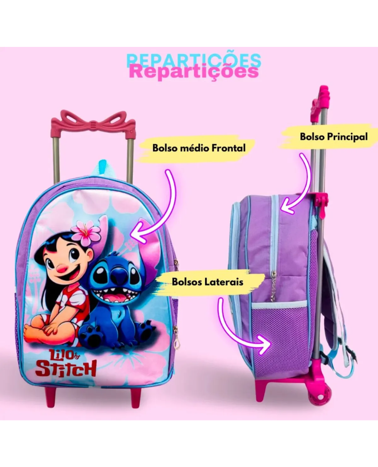 Kit Escolar Lilo & Stitch com Mochila de Rodinhas + Lancheira + Estojo Infantil