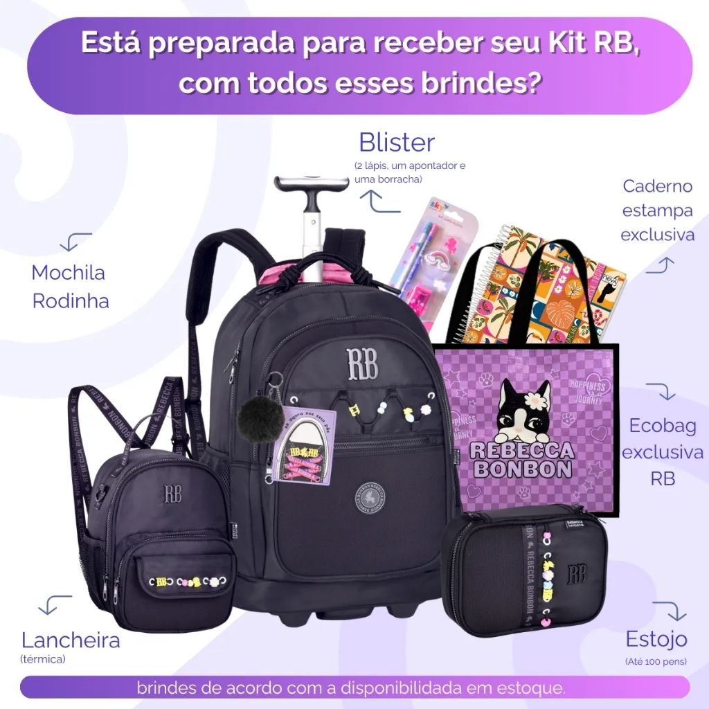 Kit Escolar Rb Rebecca Bonbon 2026 com Mochila de Rodinhas + Lancheira Térmica + Estojo Infantil