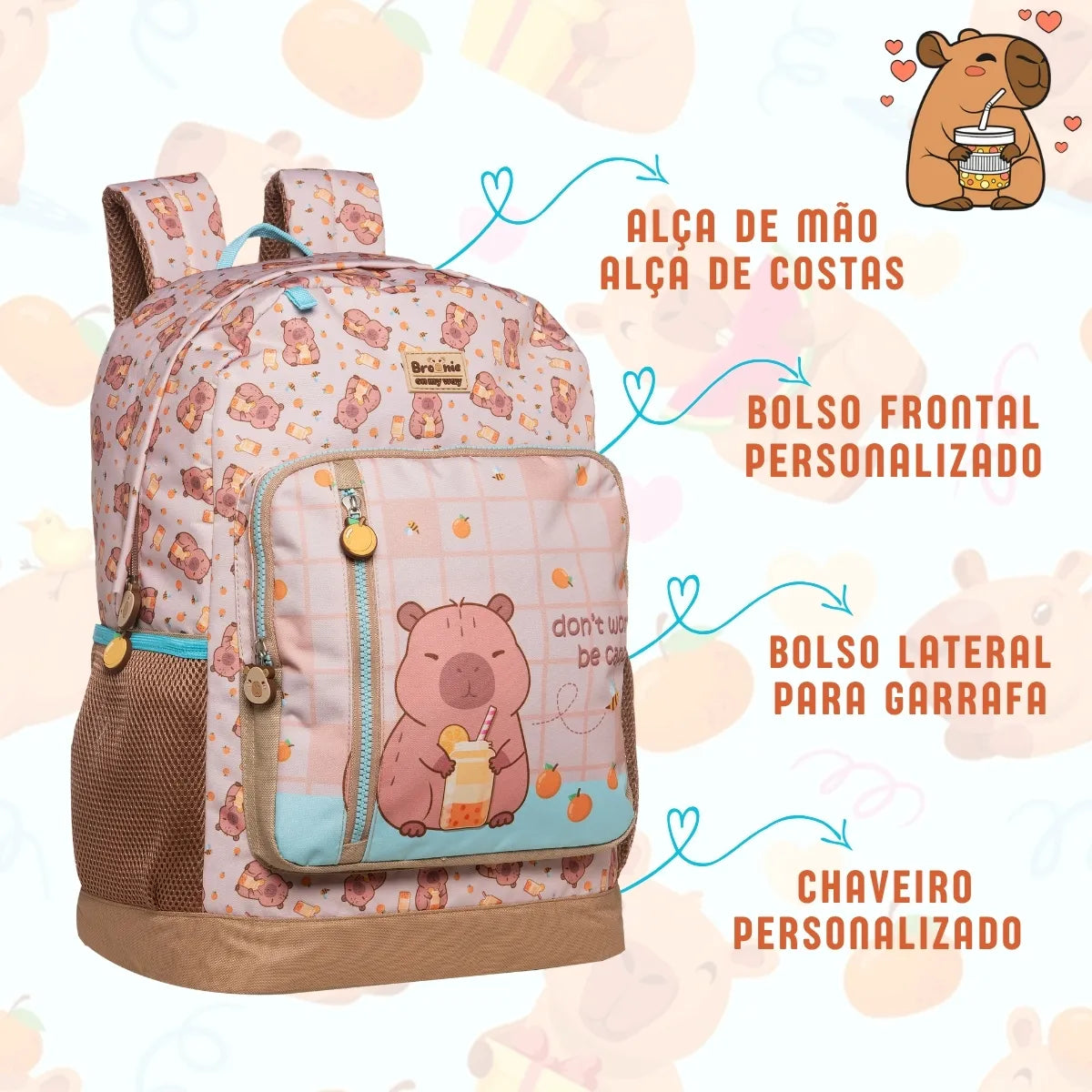 Kit Escolar Capivara Fashion com Mochila + Lancheira + Estojo Box