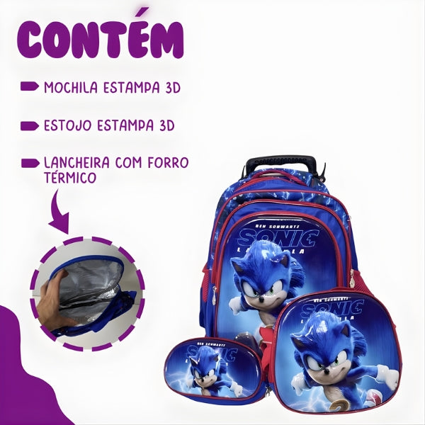 Kit Mochila Infantil Sonic com Rodinhas + Brinde