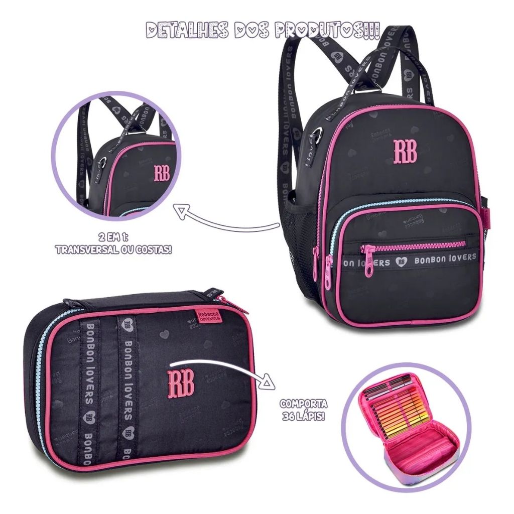 Kit Escolar Rb Rebecca Bonbon 2026 com Mochila + Lancheira Térmica + Estojo Infantil