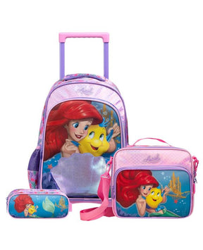 Kit Escolar Ariel e Linguado com Mochila de Rodinha + Lancheira Térmica + Estojo Infantil