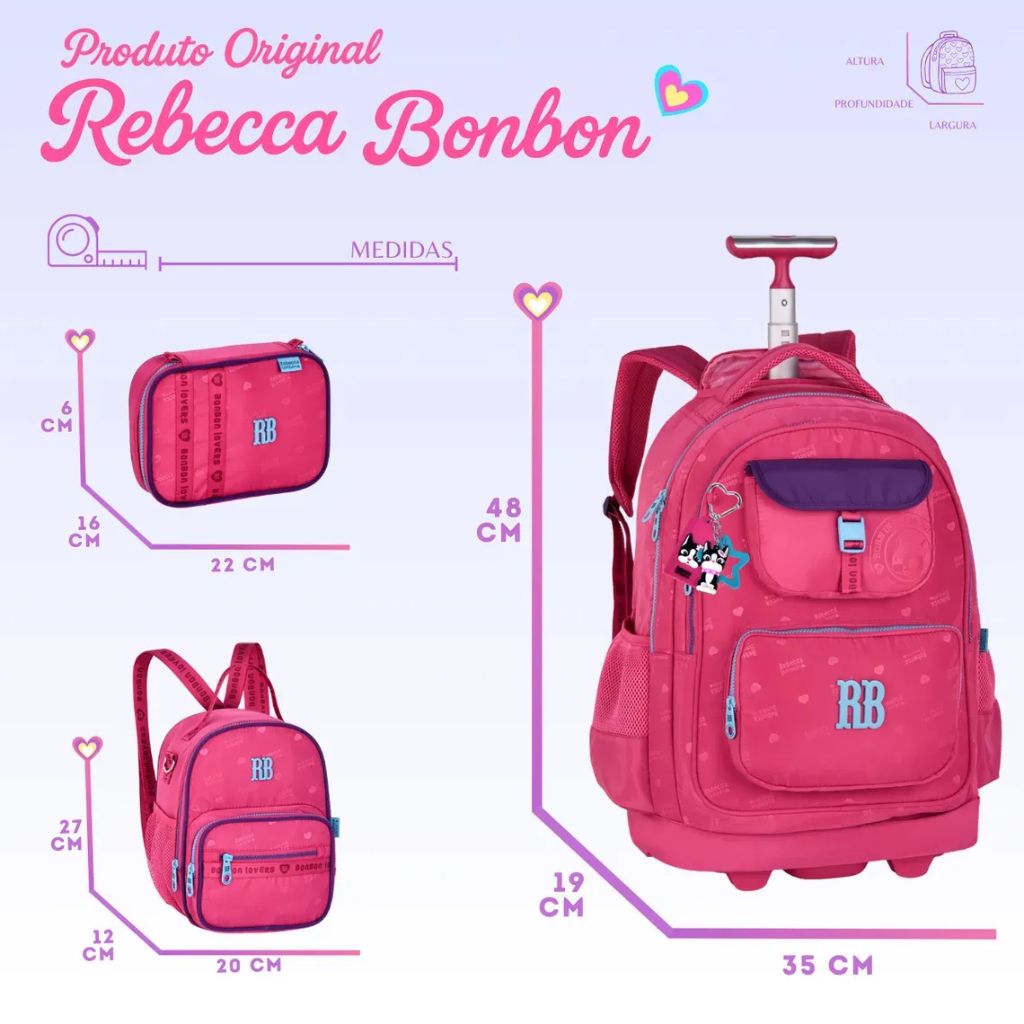 Kit Escolar Rb Rebecca Bonbon Lovers Paris 2026 com Mochila de Rodinhas + Lancheira Térmica + Estojo Infantil