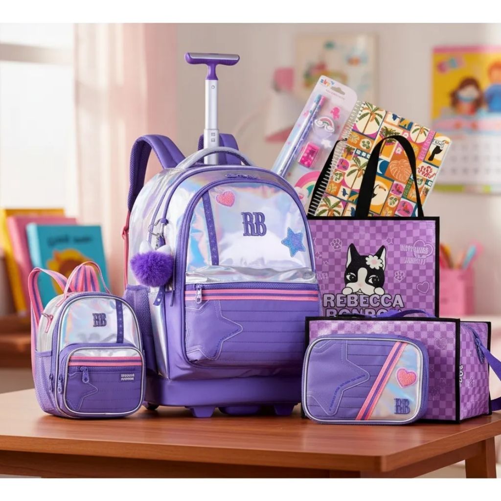 Kit Escolar Rb Rebecca Bonbon 2026 com Mochila de Rodinhas + Lancheira Térmica + Estojo Infantil