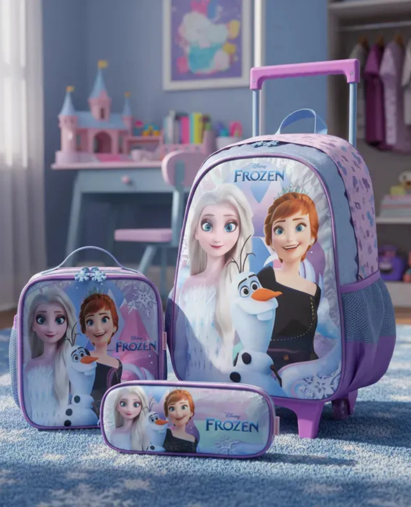 Kit Escolar Mochila de Rodinha + Lancheira Térmica + Estojo Infantil Frozen