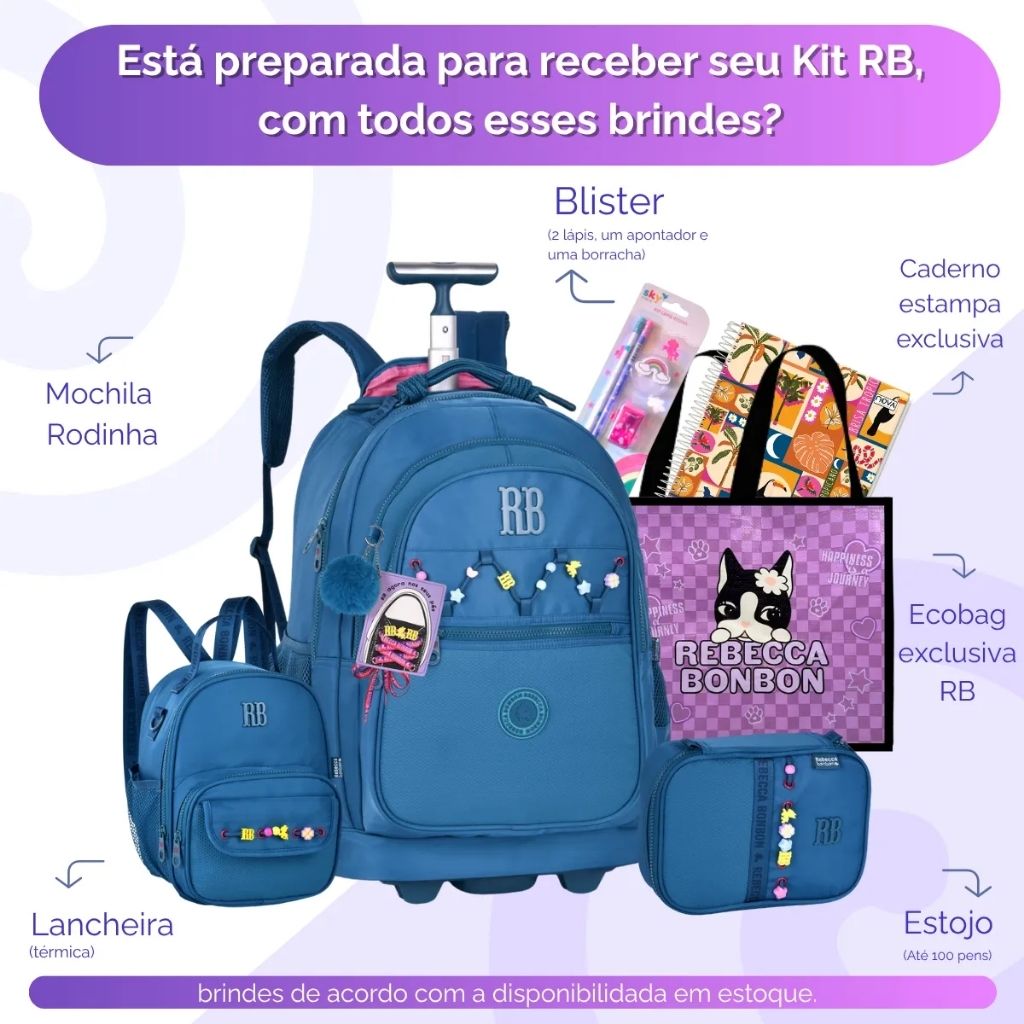 Kit Escolar Rb Rebecca Bonbon 2026 com Mochila de Rodinhas + Lancheira Térmica + Estojo Infantil