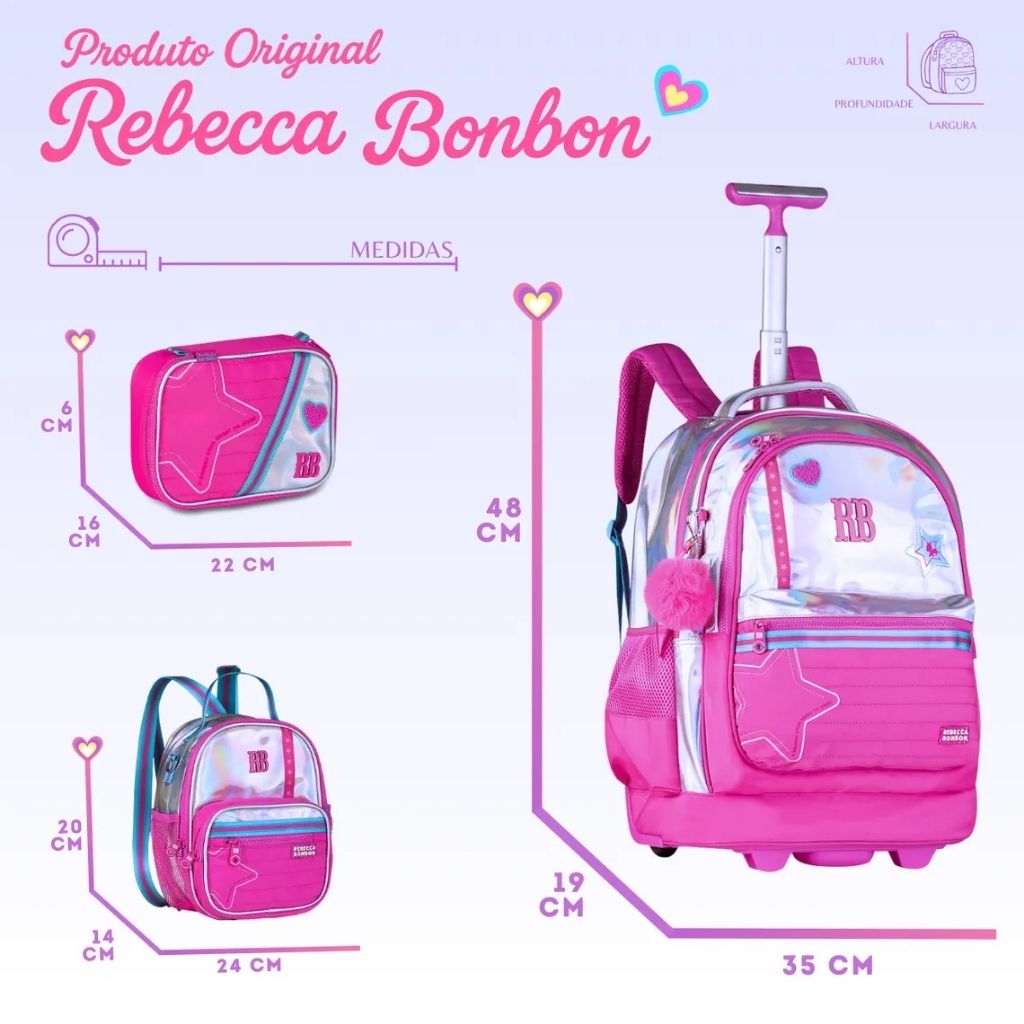 Kit Escolar Rb Rebecca Bonbon 2026 com Mochila de Rodinhas + Lancheira Térmica + Estojo Infantil