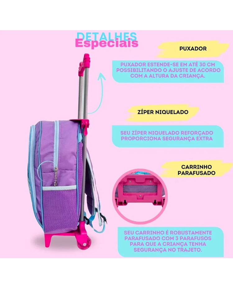 Kit Escolar Lilo & Stitch com Mochila de Rodinhas + Lancheira + Estojo Infantil