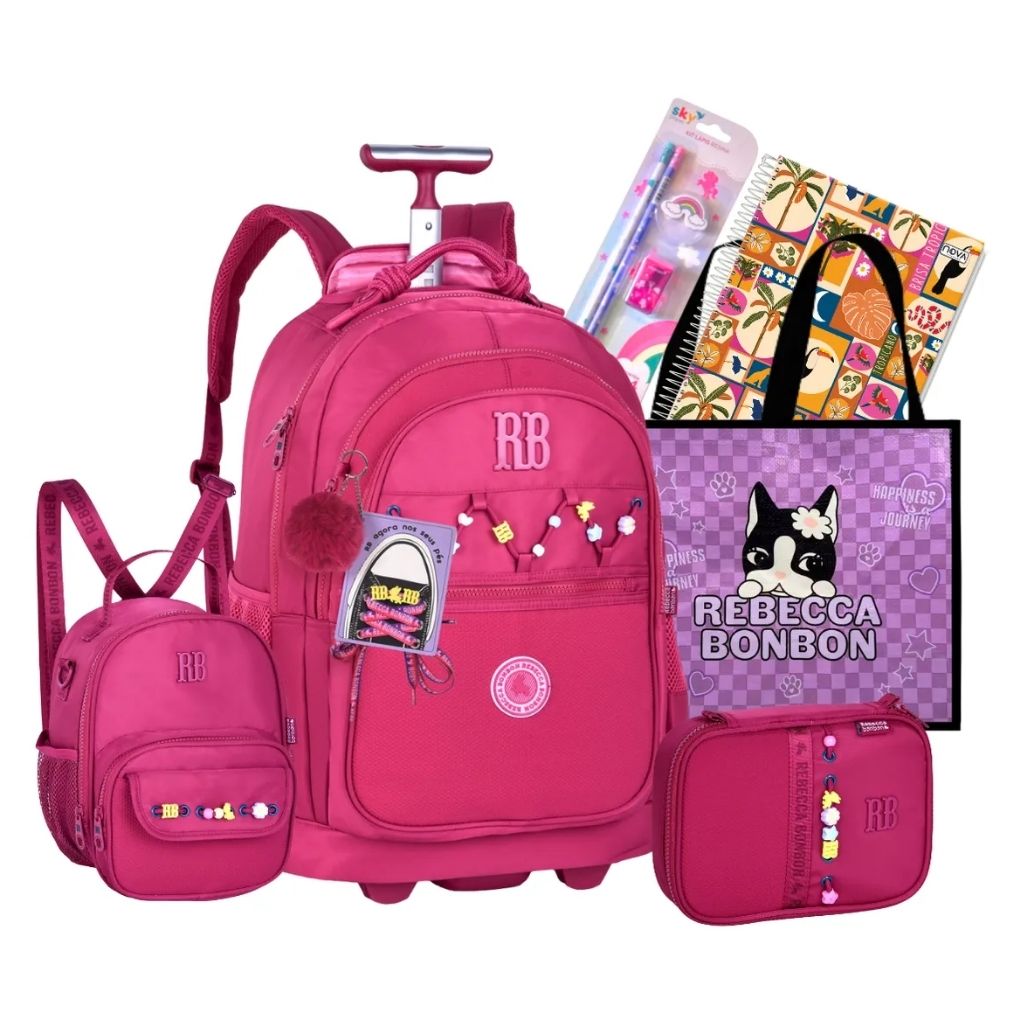 Kit Escolar Rb Rebecca Bonbon 2026 com Mochila de Rodinhas + Lancheira Térmica + Estojo Infantil