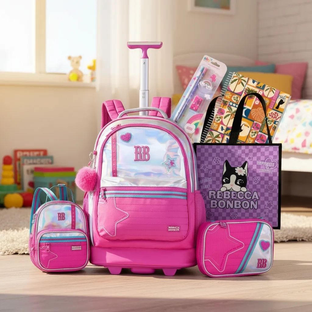 Kit Escolar Rb Rebecca Bonbon 2026 com Mochila de Rodinhas + Lancheira Térmica + Estojo Infantil