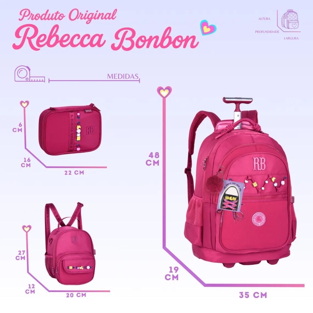 Kit Escolar Rb Rebecca Bonbon 2026 com Mochila de Rodinhas + Lancheira Térmica + Estojo Infantil