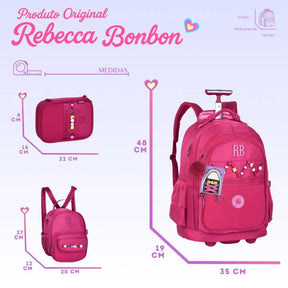 Kit Escolar Rb Rebecca Bonbon 2026 com Mochila de Rodinhas + Lancheira Térmica + Estojo Infantil