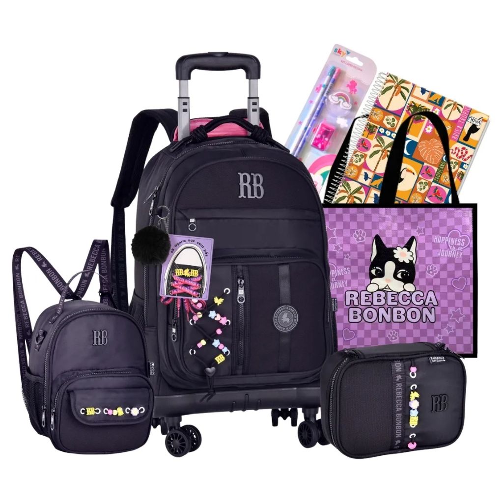 Kit Escolar Rb Rebecca Bonbon 2026 com Mochila de Rodinhas + Lancheira Térmica + Estojo Infantil