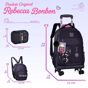 Kit Escolar Rb Rebecca Bonbon 2026 com Mochila de Rodinhas + Lancheira Térmica + Estojo Infantil
