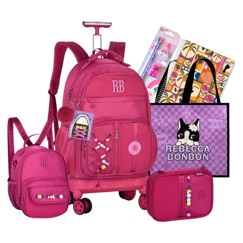 Kit Escolar Rb Rebecca Bonbon 2026 com Mochila de Rodinhas + Lancheira Térmica + Estojo Infantil
