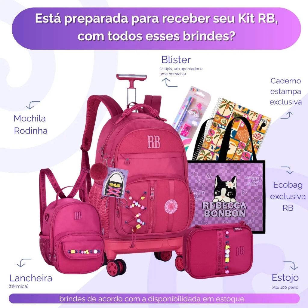 Kit Escolar Rb Rebecca Bonbon 2026 com Mochila de Rodinhas + Lancheira Térmica + Estojo Infantil