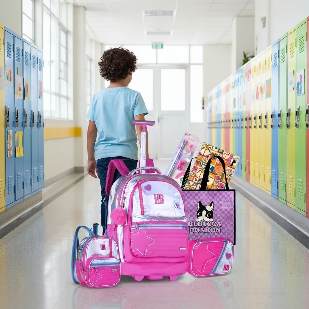 Kit Escolar Rb Rebecca Bonbon 2026 com Mochila de Rodinhas + Lancheira Térmica + Estojo Infantil