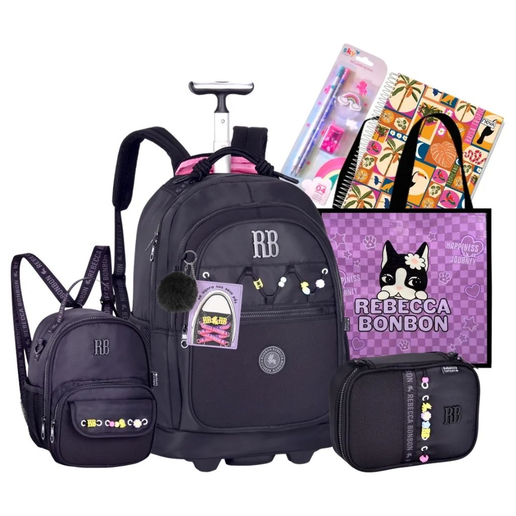 Kit Escolar Rb Rebecca Bonbon 2026 com Mochila de Rodinhas + Lancheira Térmica + Estojo Infantil