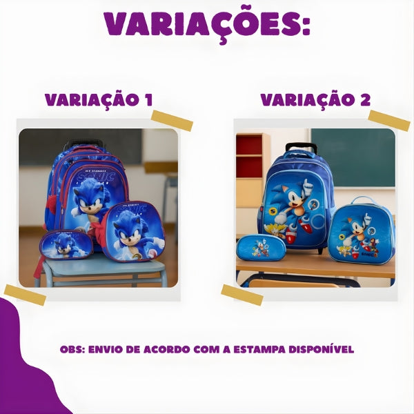 Kit Mochila Infantil Sonic com Rodinhas + Brinde