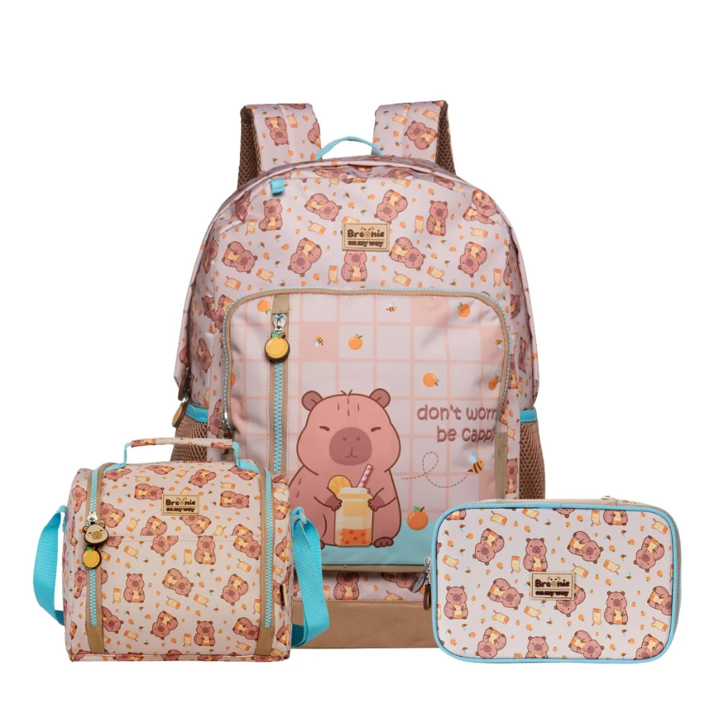 Kit Escolar Capivara Fashion com Mochila + Lancheira + Estojo Box