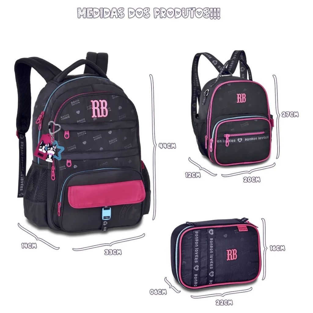 Kit Escolar Rb Rebecca Bonbon 2026 com Mochila + Lancheira Térmica + Estojo Infantil