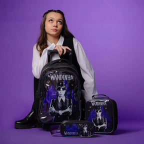 Kit Escolar Wandinha com Mochila + Lancheira Térmica + Estojo Infantil